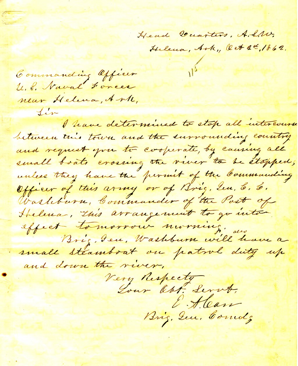 1862年10月2日、アーカンソー州ヘレナのE・A・カーからアーカンソー州ヘレナ付近の米海軍部隊の司令官への手紙 作： EAカー