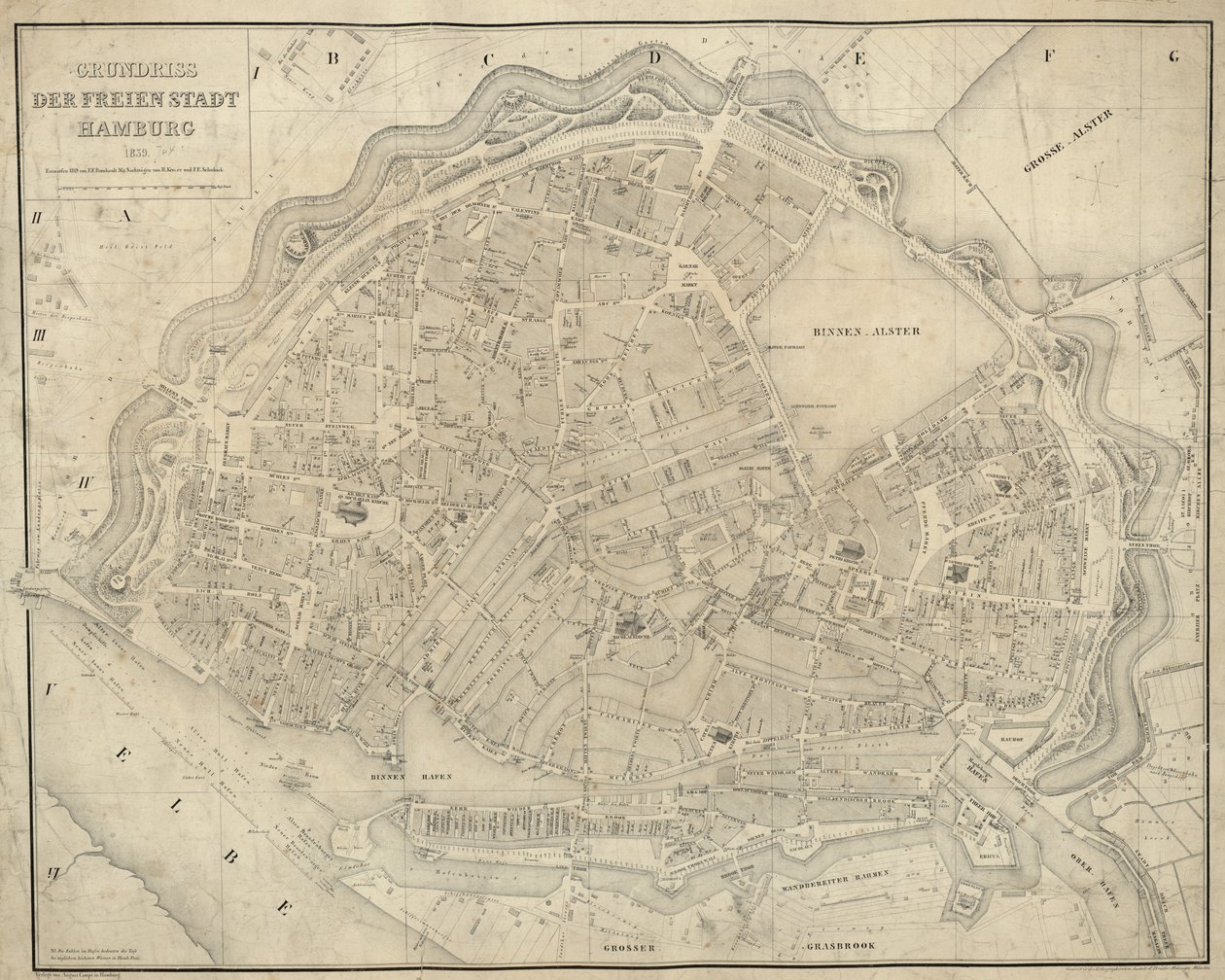 地図は（1839）に公開され、ハンブルクを示しています 作： EF m.fl.ベルンハルト