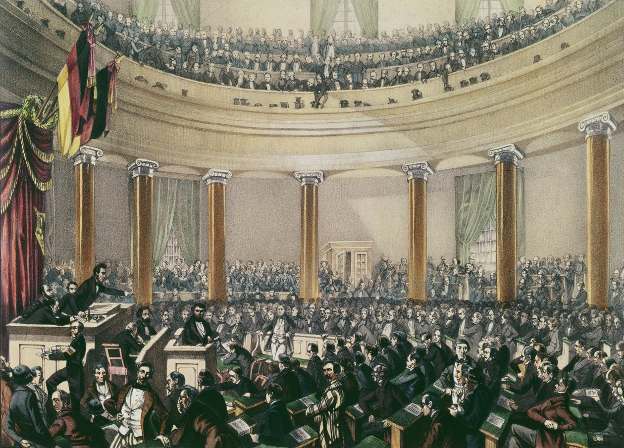 フランクフルトのセントポール教会の国会議事堂が1848年5月に召集されました（カラーリトグラフ） 作： EG May