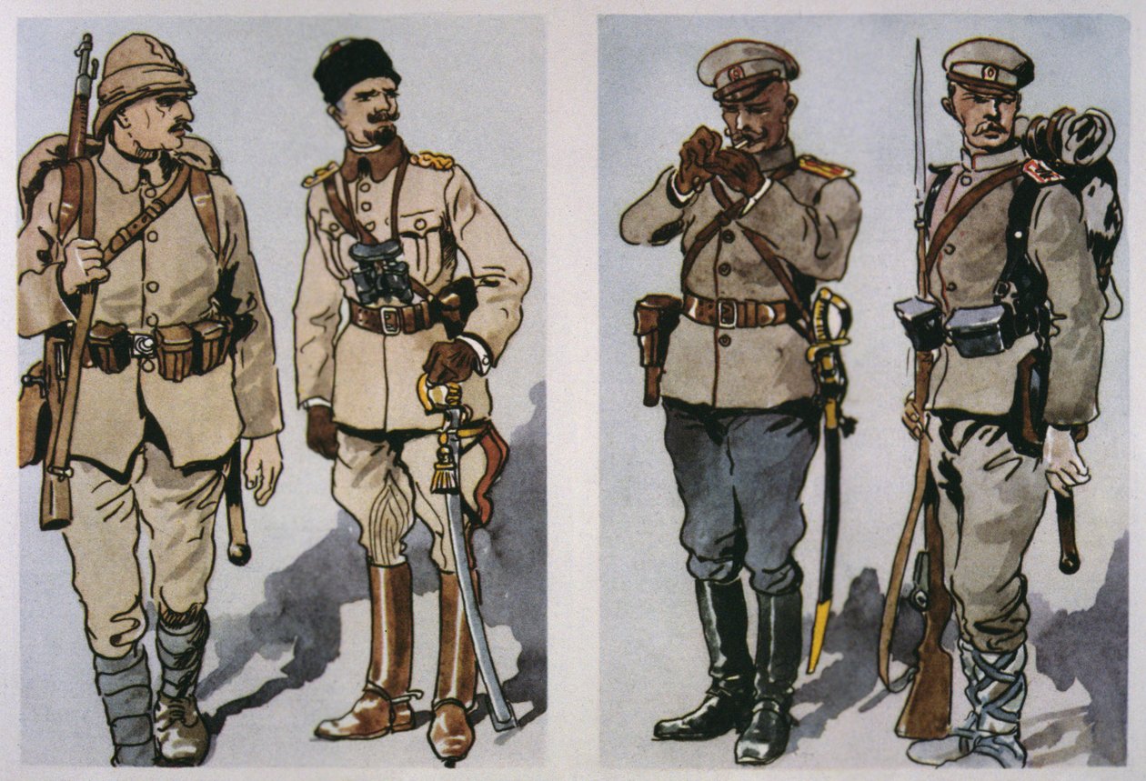 1917年のトルコの歩兵・将校（左）と1917年のブルガリアの歩兵・足軽（右）（カラーリトグラフ 作： E.（後）ドブリチ
