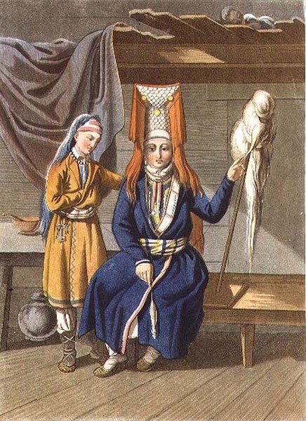 紡ぐヴォティヤックの女性たち イーゴル・スコトニコフ（1782-1843）の彫刻（リトグラフ）。 作： E.（後）Karnejeff