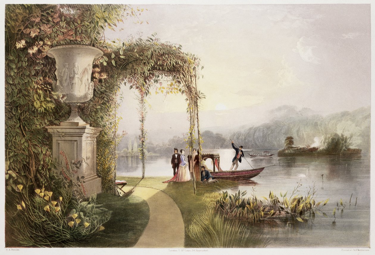 「イングランドの庭園」からのトレンタムホールガーデンズ湖、1857年に発行（クロモリト） 作： E.アドベノブルック