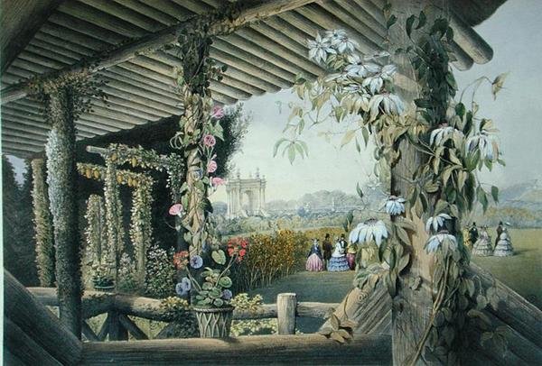 1857年に出版された「Gardens of England」から「Shrublands, Rustic Seatからの眺め」（カラーリトグラフ）。 作： E.アドベノブルック