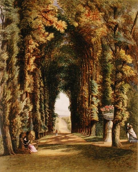 テデスリーの庭園にある「ビスタ」（1857年発行の「The Gardens of England」より）（カラーリトグラフ 作： E.アドベノブルック