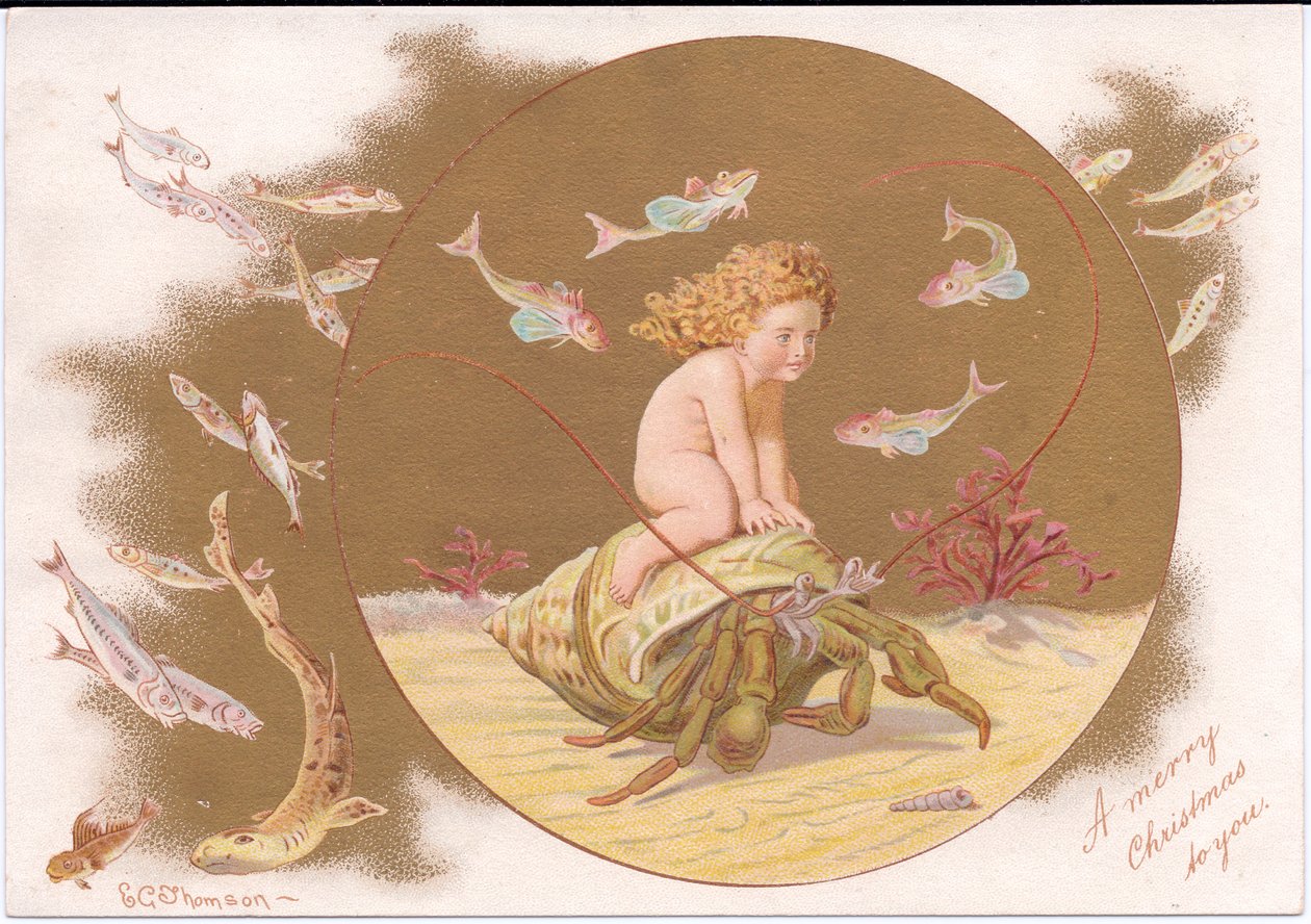魚の群れに囲まれた水域に乗っている貝殻のヤドカリのビクトリア朝のクリスマスカード、Gertrude Thompson作、1895年頃（カラーリソ） 作： E.ガートルードトンプソン