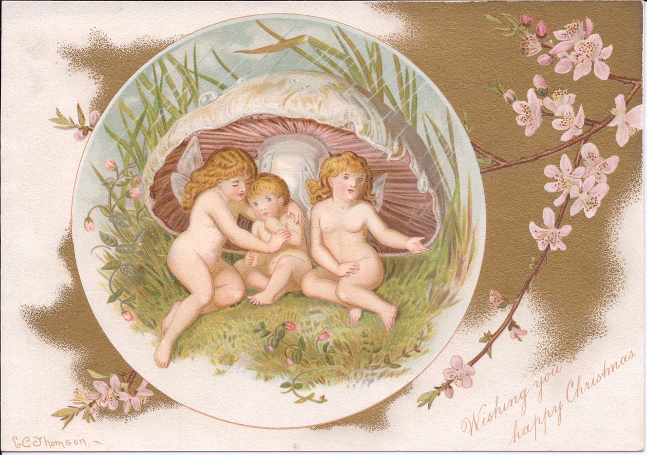 毒キノコの下で雨から避難する妖精のグループのビクトリア朝のクリスマス、Gertrude Thompson作、1895年頃（カラーリソ） 作： E.ガートルードトンプソン