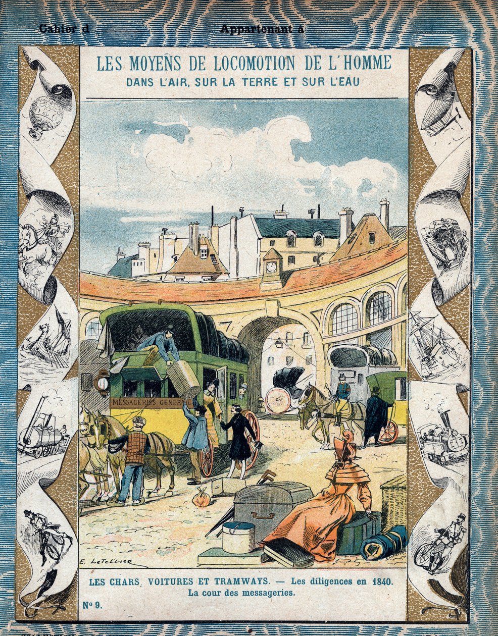 Diligence en 1840 - la cour des messageries - Stagecoach in 1840 - From a protective sleeve for school books, late 19th century - illustration by E. Letellier - Protege notebook historique, fin 19th century. 作： E.レテリエ