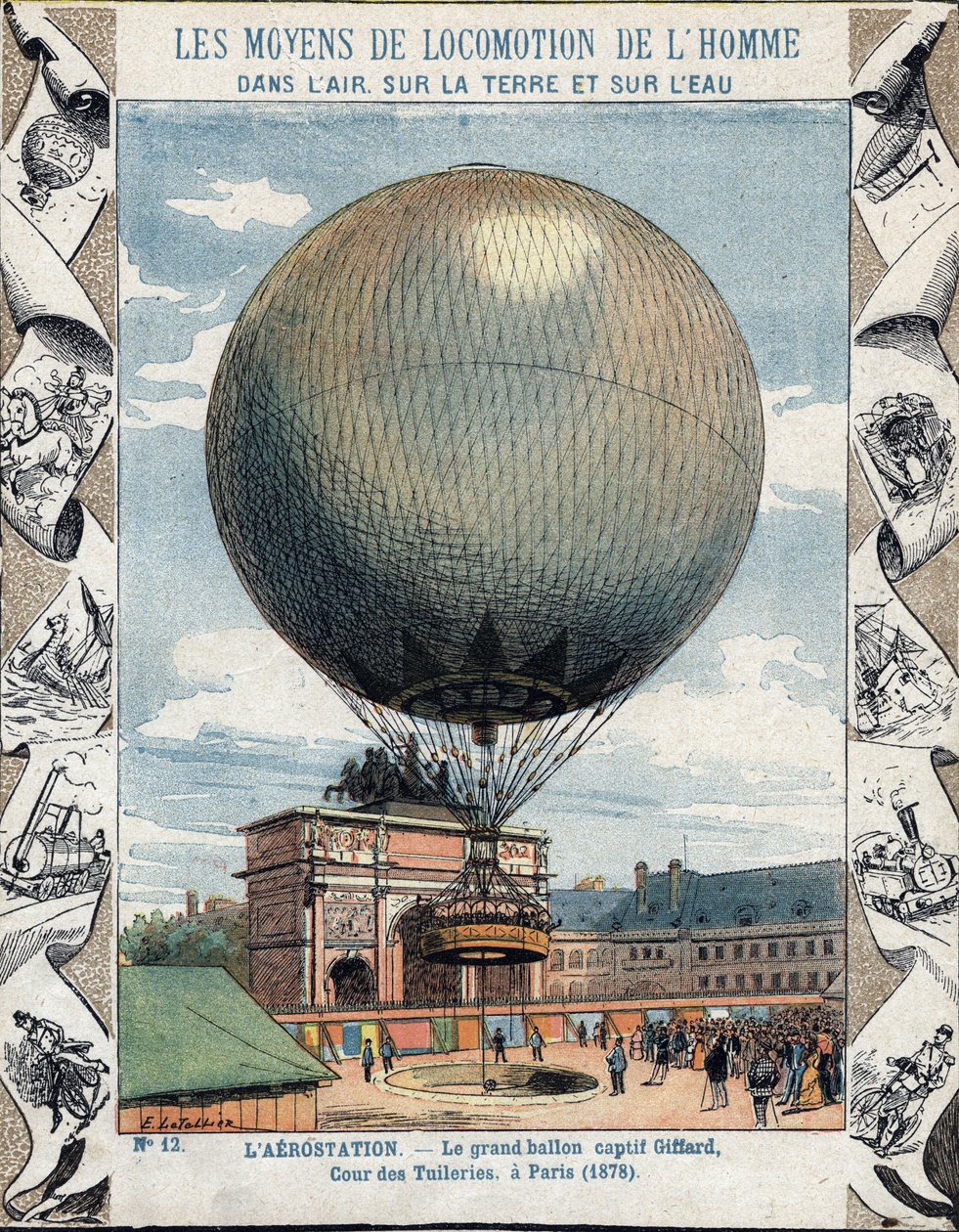 1878年にパリのチュイルリーで開催されたアンリ・ジファールの捕虜の気球の膨張操作と装備 - 19世紀後半の学校図書の保護スリーブから - E Letellierによるイラスト - 1878年のパリ万国博覧会：気球の膨張操作 作： E.レテリエ