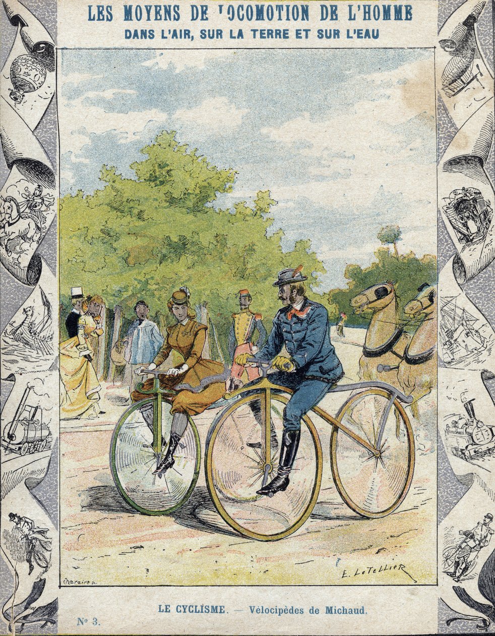 Pierre Michaux and Michaudine velocipedes - From a protective sleeve for school books, late 19th century - velocipedes a pedale (les michaudines) by Pierre Michaux (1813-1883) 作： E.レテリエ