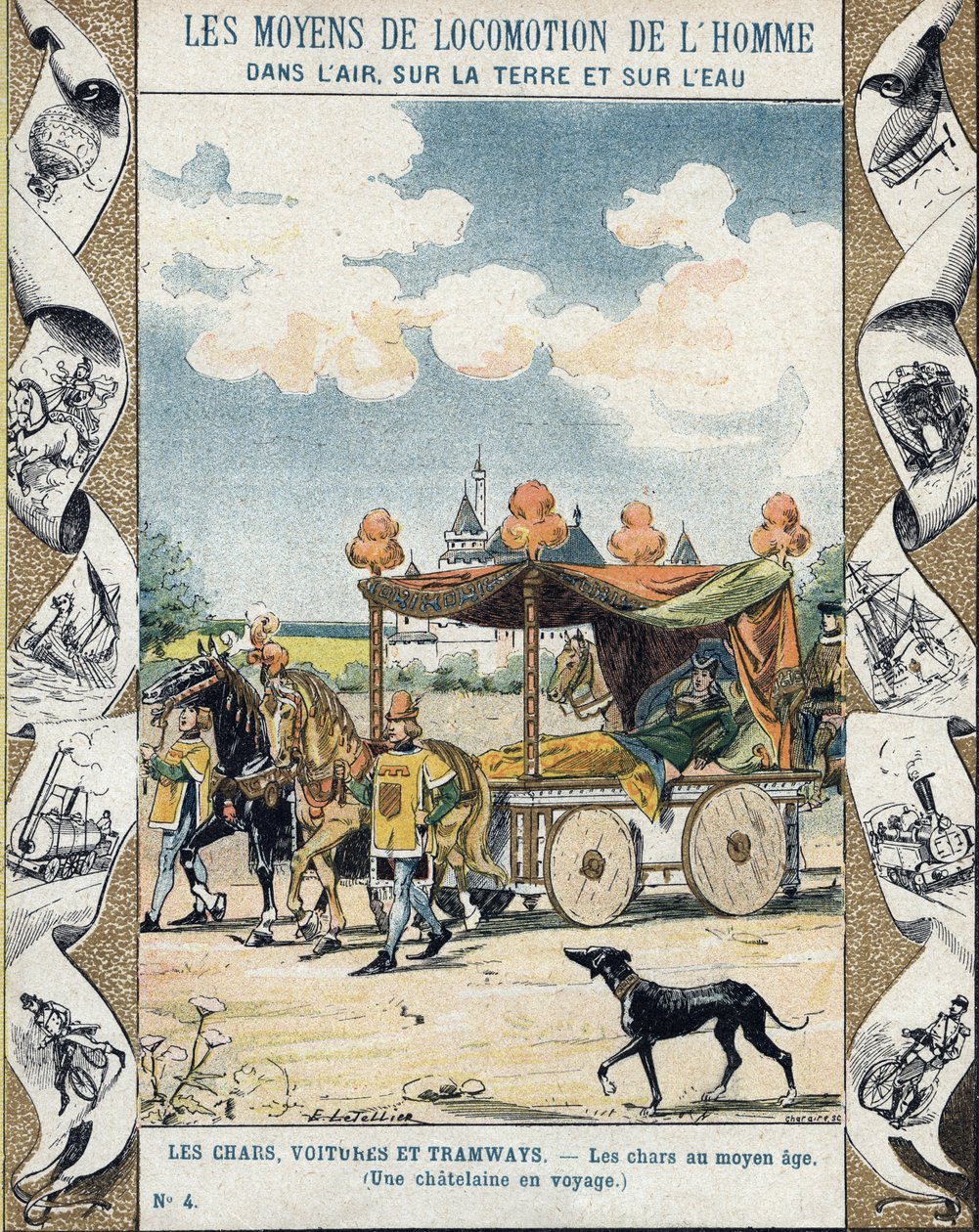 中世の戦車 - A Chatelaine en voyage - イラスト：E Letellier - 歴史的ノートブックの保護、19世紀後半 作： E.レテリエ