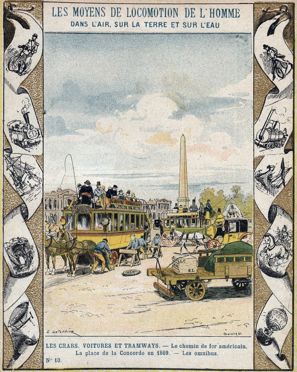 1869年、パリのコンコルド広場の交通：馬車のオムニバスと "chemin de fer americain"（路面電車の線） - 19世紀後半、学校図書の保護スリーブより - 戦車、自動車、路面電車：アメリカの鉄道、コンコルド広場のデ 作： E.レテリエ