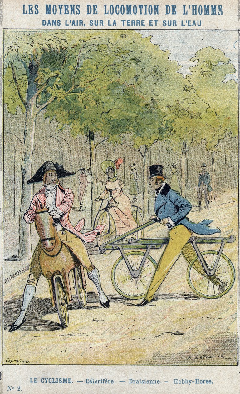 Velocipedes - English celerifere - Draisienne, the ancestor of bicycle - From a protective sleeve for school books, late 19th century - illustration by E Letellier - Celerifere - Draisienne - Hobby-Horse (Nobby Horse) - Protect notebook historique, fin 19t 作： E.レテリエ