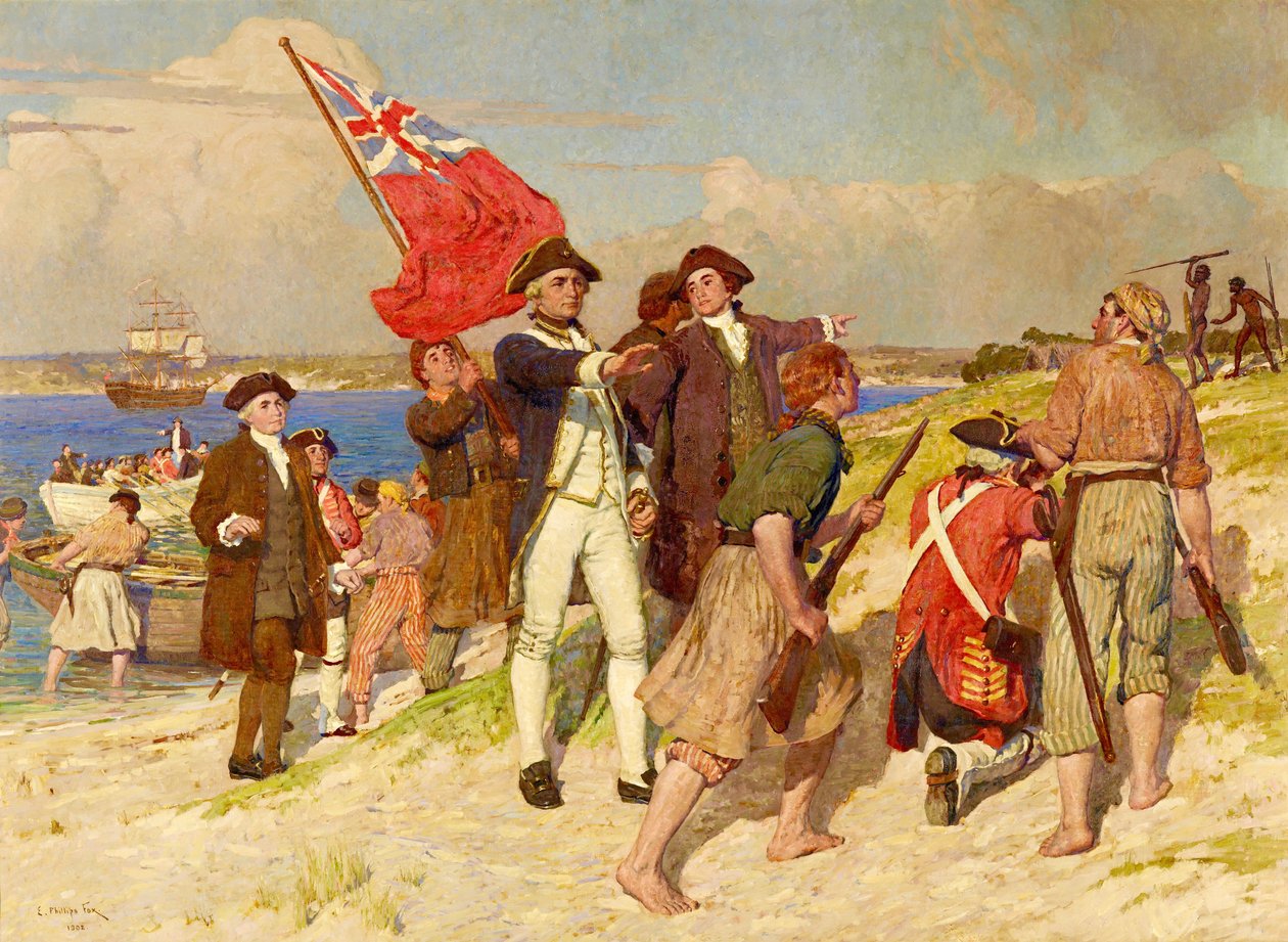 ジェームズ・クック中尉のボタニー湾上陸、1770年4月29日（E・フィリップス・フォックス画） 作： E.フィリップスフォックス