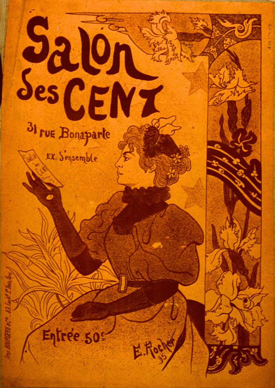 招待状を調べる女性、サロン・デ・サン 作： Eロシェ