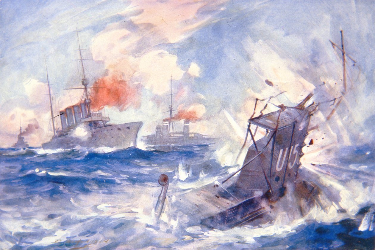 HMSバーミンガムによるドイツ潜水艦U15の撃沈（カラーリトグラフ 作： ES（後）ホジソン