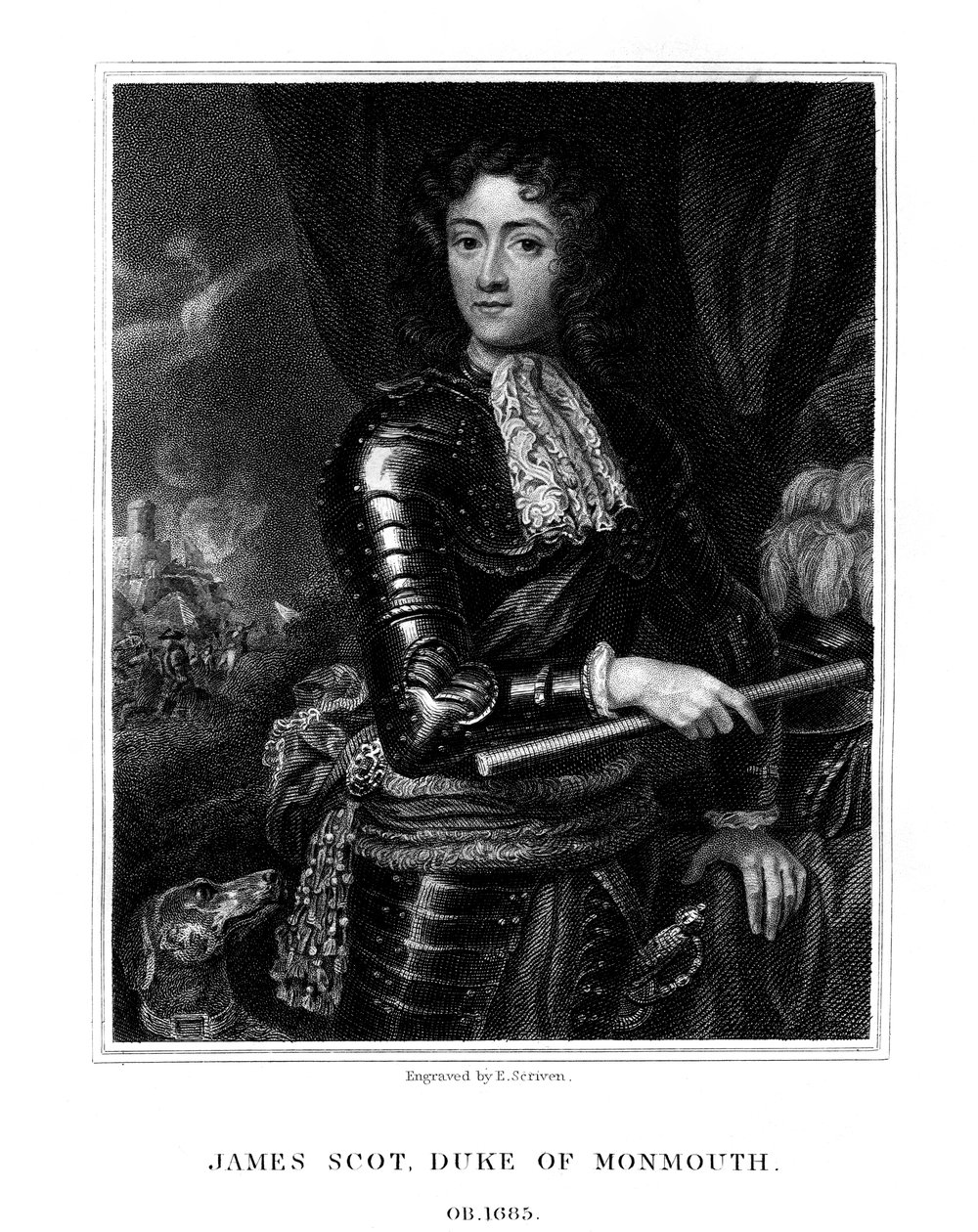 1826年にイングランドのジェームズ2世として認められたモンマスの最初の公爵、ジェームズスコット。 作： E.スクリベン