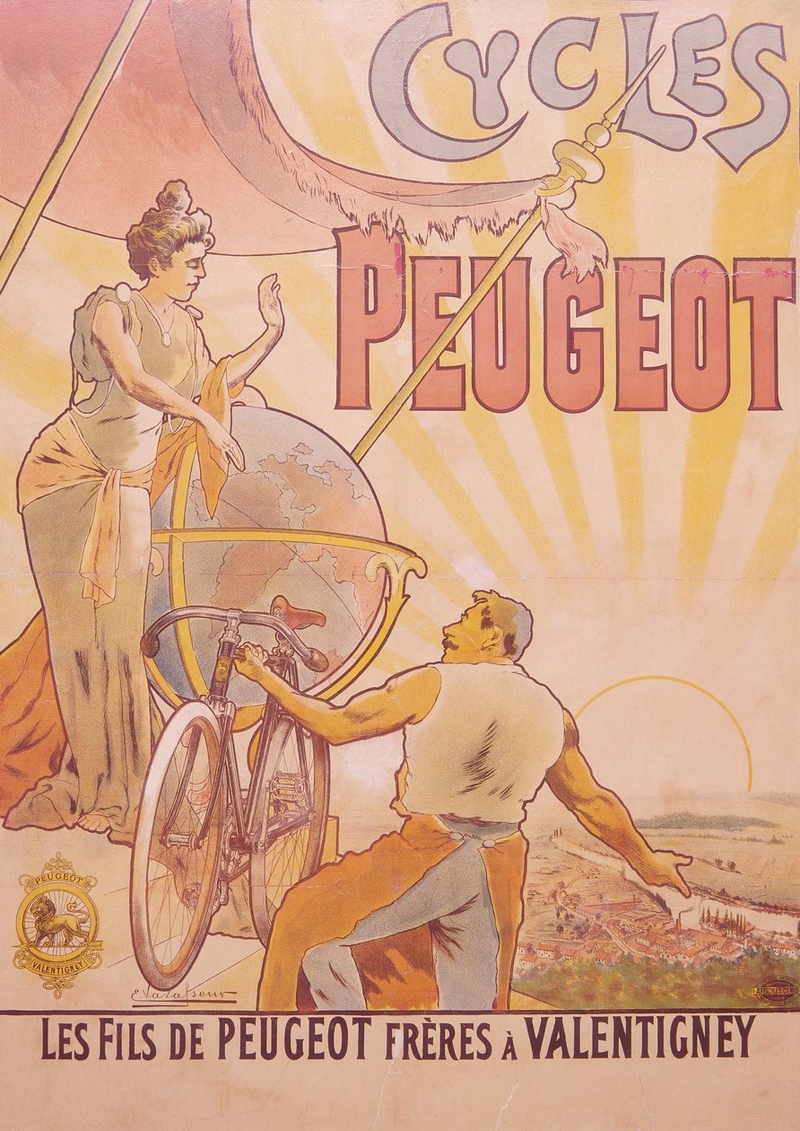 プジョーの自転車を宣伝するポスター、19 世紀後半から 20 世紀初頭 作： EVavasseur
