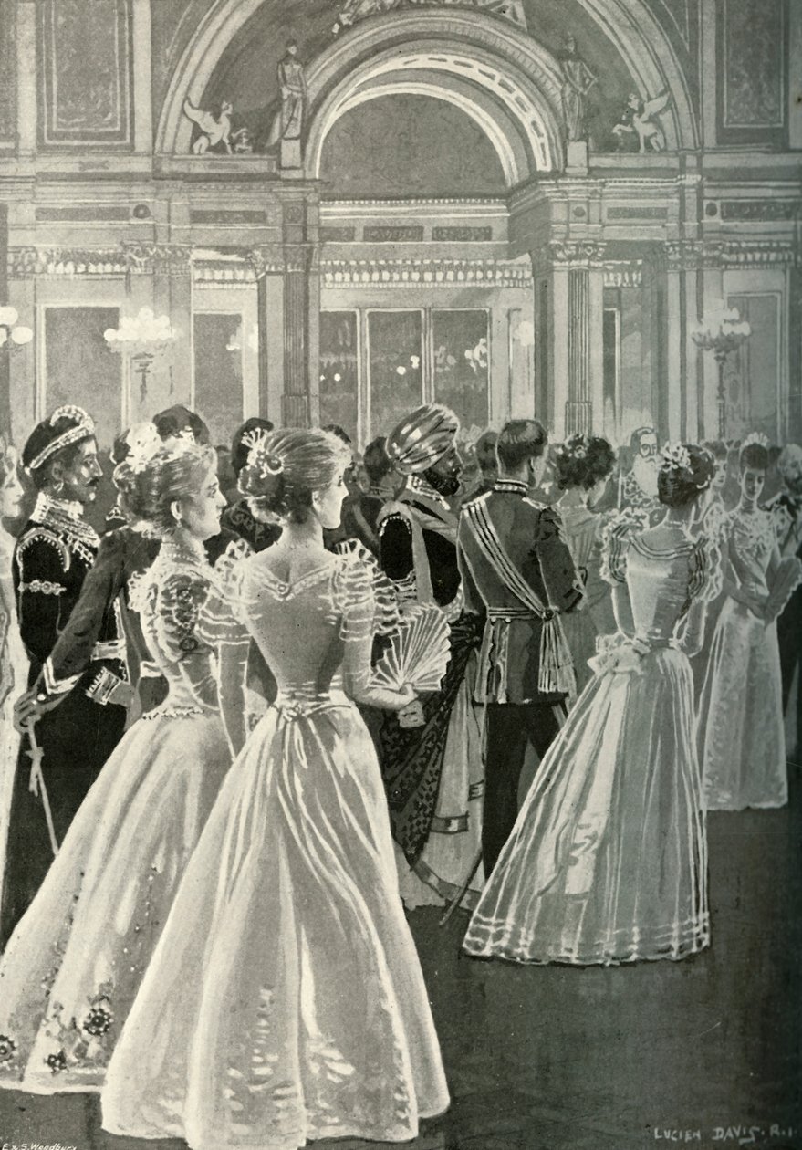バッキンガム宮殿での国家レセプション：ウェールズの王子と王女の入り口、c1897 作： E.とS.ウッドベリー