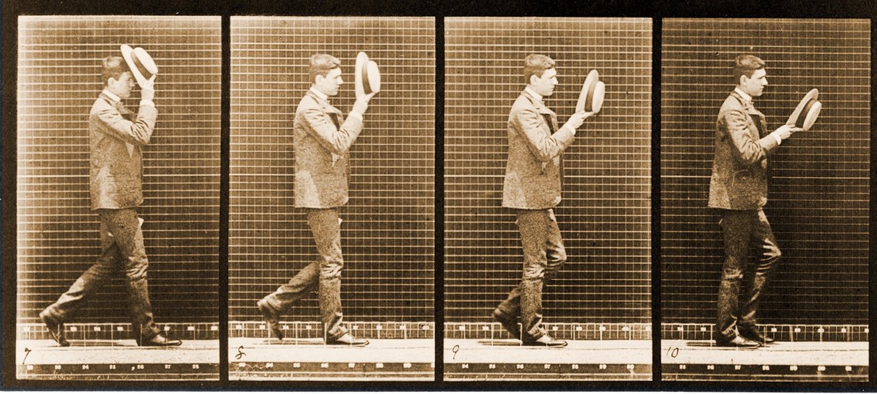帽子をかぶった男の画像シーケンス、「Animal Locomotion」シリーズ、1887年 作： エドワード・マイブリッジ