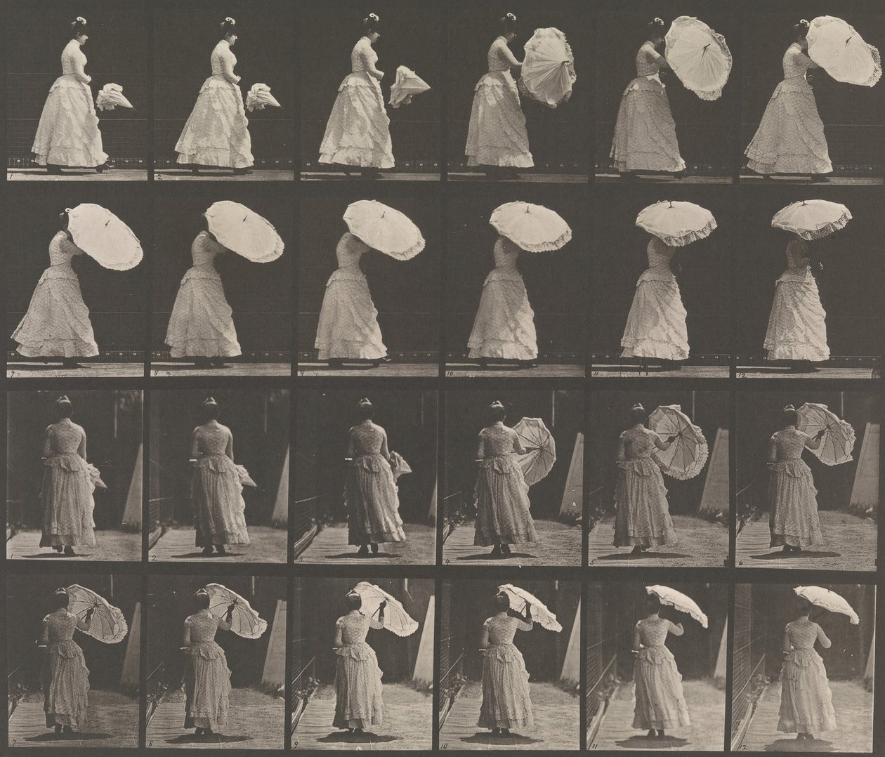 [パラソルを開く女性]、1883-86、1887年に印刷。 作： エドワード・マイブリッジ