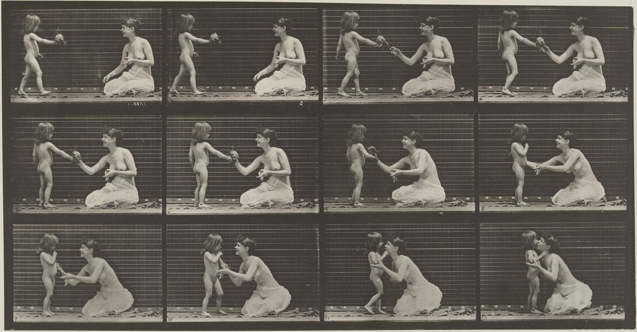 プレート番号465女性に花束を渡す子供、1887年（写真）。 作： エドワード・マイブリッジ