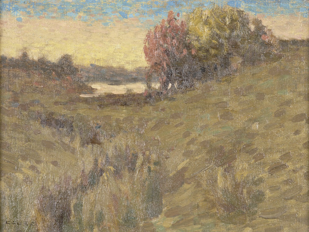 湖のある北西部の風景（メソナイトに油を塗る） 作： Eanger Irving Couse