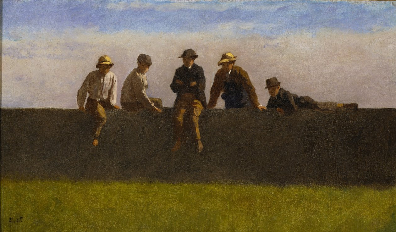 壁に5人の少年、c.1875-1880（作曲ボードに油彩） 作： イーストマン・ジョンソン