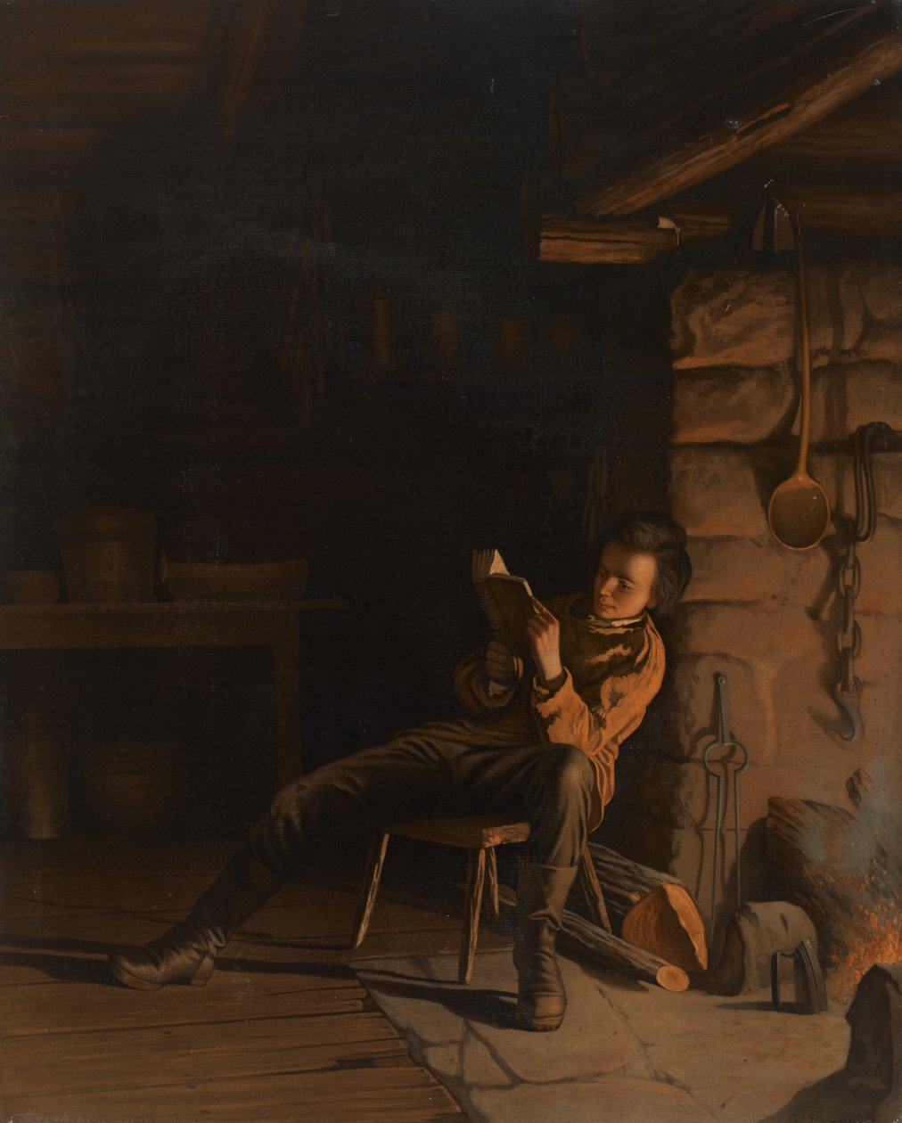 リンカーンの少年時代。 （丸太小屋の夕方）、1868（船上の紙にクロモリソグラフ） 作： イーストマン・ジョンソン