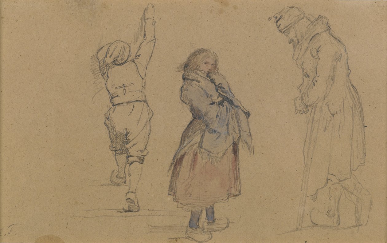 3つのオランダの人物、1852年頃（茶色の紙に黒鉛、トイレ、白チョーク） 作： イーストマン・ジョンソン