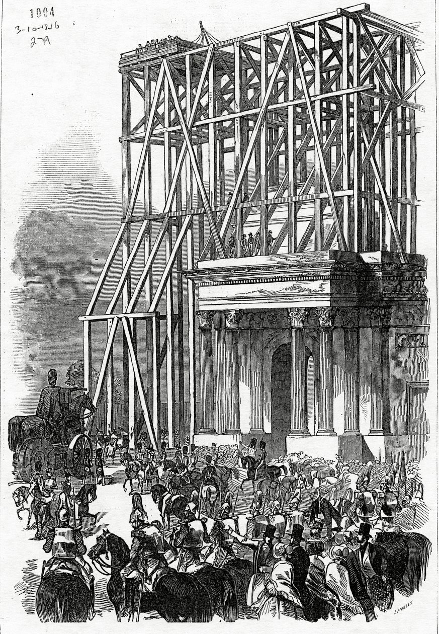 1846年10月3日、「The Illustrated London News」に掲載された、アーチにウェリントン像が到着 作： エベニーザー・ランデルズ