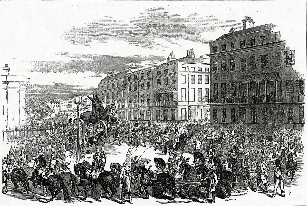 1846年10月3日、「Illustrated London News」に掲載されたパークレーンを断るウェリントン像の大行列 作： エベニーザー・ランデルズ