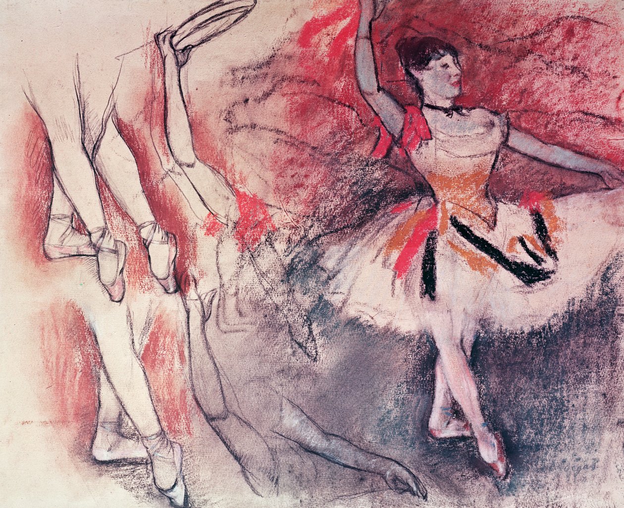 タンバリンと踊るダンサー、またはスペインのダンサー、1882年頃（木炭とパステル紙） 作： エドガー・ドガ