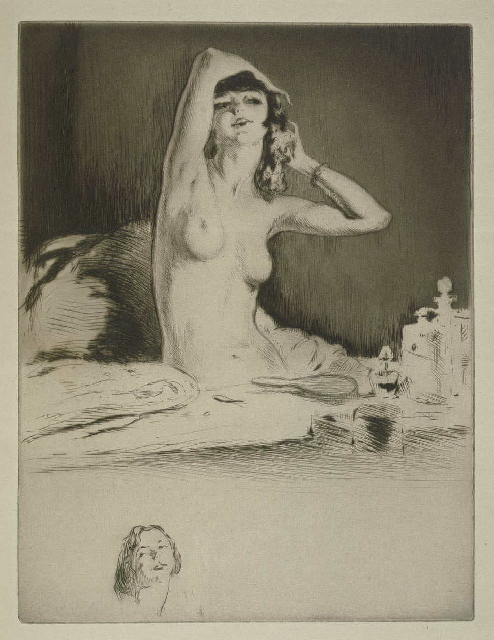 トイレにいる女性、シドニー・ガブリエル・コレット（1873-1954）による「ミツウ」のイラスト、1930年発行（エッチングとドライポイント） 作： エドガー・チャヒネ
