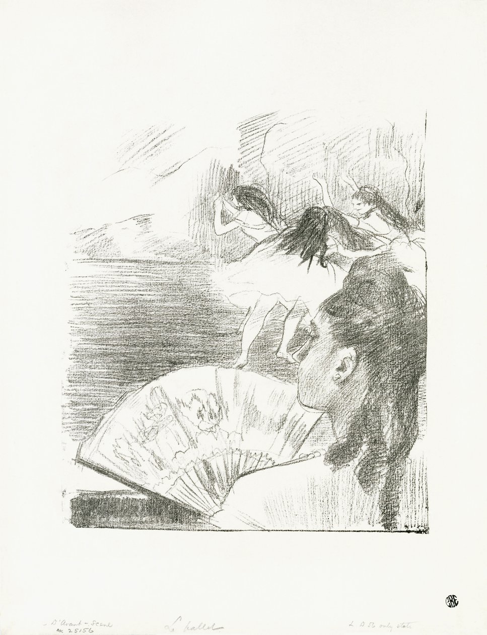 劇場で-ファンを持つ女性、c.1878-80 作： エドガー・ドガ