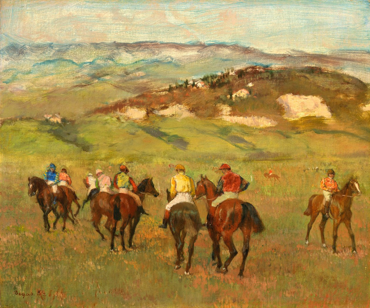 1884年、ディスタントヒルズの前で馬に乗った騎手 作： エドガー・ドガ