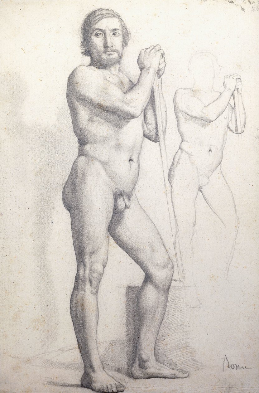 裸の男が立っています。立っている裸の男、1856年頃 作： エドガー・ドガ