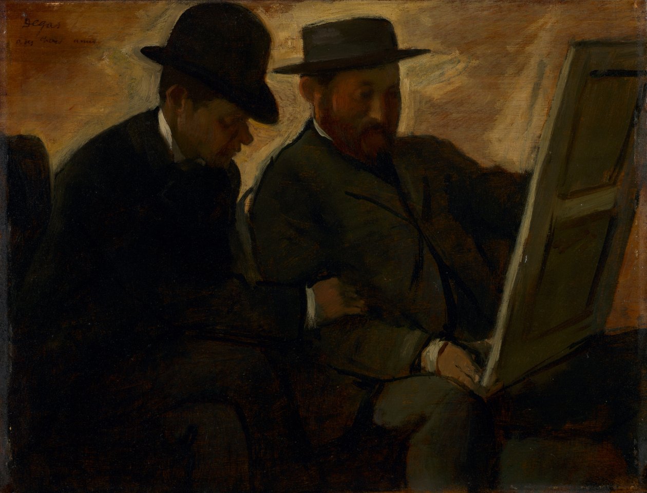 絵画を調べるポールラフォンとアルフォンスシェルフィル、1878年〜1880年 作： エドガー・ドガ
