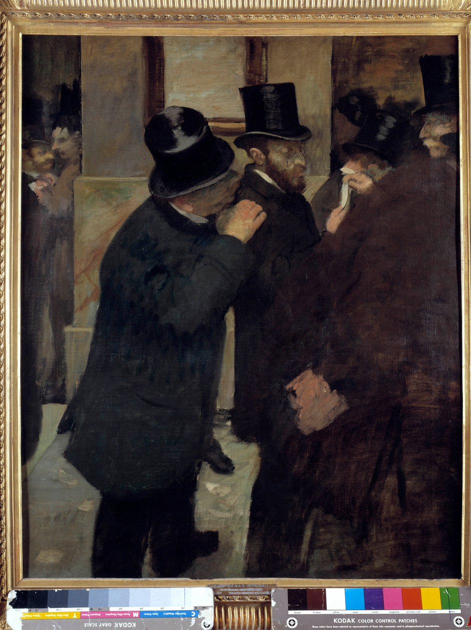 証券取引所での肖像画（A la Bourse）：金融業者でありコレクターであったアーネスト・メイ（1845-1925）による表現。エドガー・ドガ（1834-1917）の絵画。1878-1879.パリ、オルセー美術館 - 「証券取引所の肖像」：R 作： エドガー・ドガ