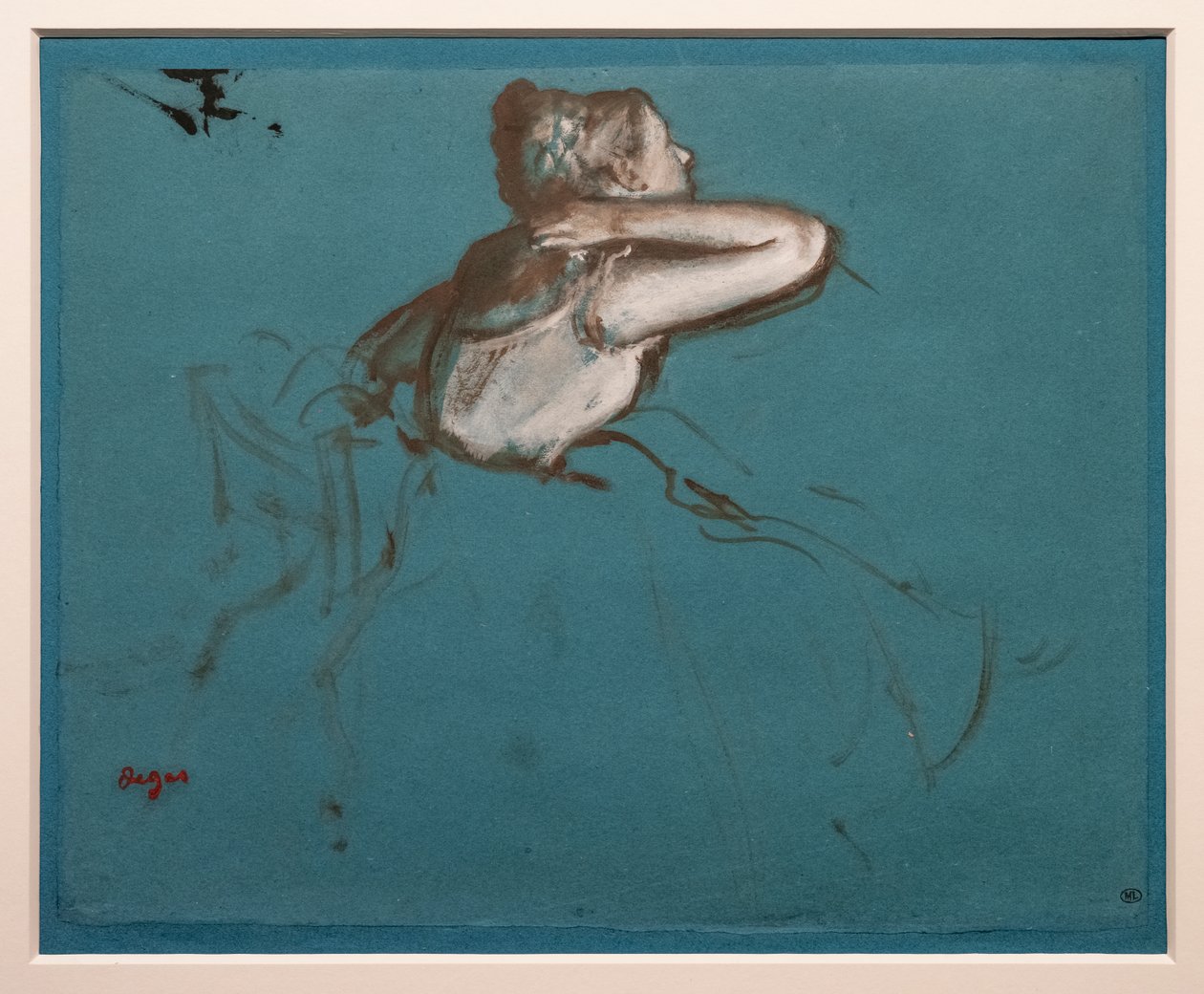 右を向いて座っているダンサー（"Repetition de ballet sur la scène "の座っている人物のための習作）。1873.油彩、絵具、エッセンス、紙 作： エドガー・ドガ