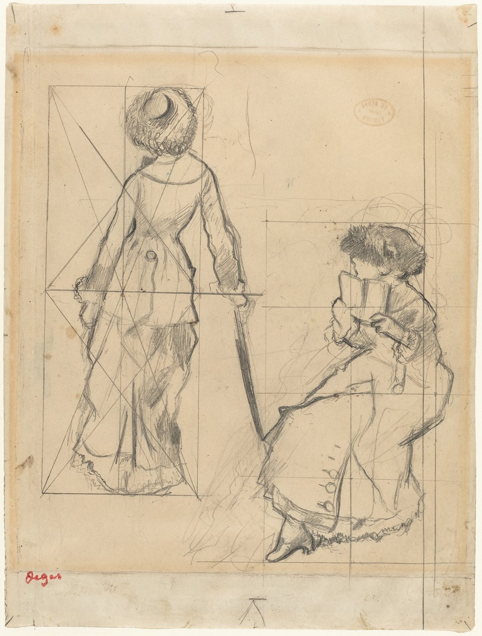 ルーヴル美術館でのメアリー・カサットの習作 [直筆]、c. 1879年。 作： エドガー・ドガ