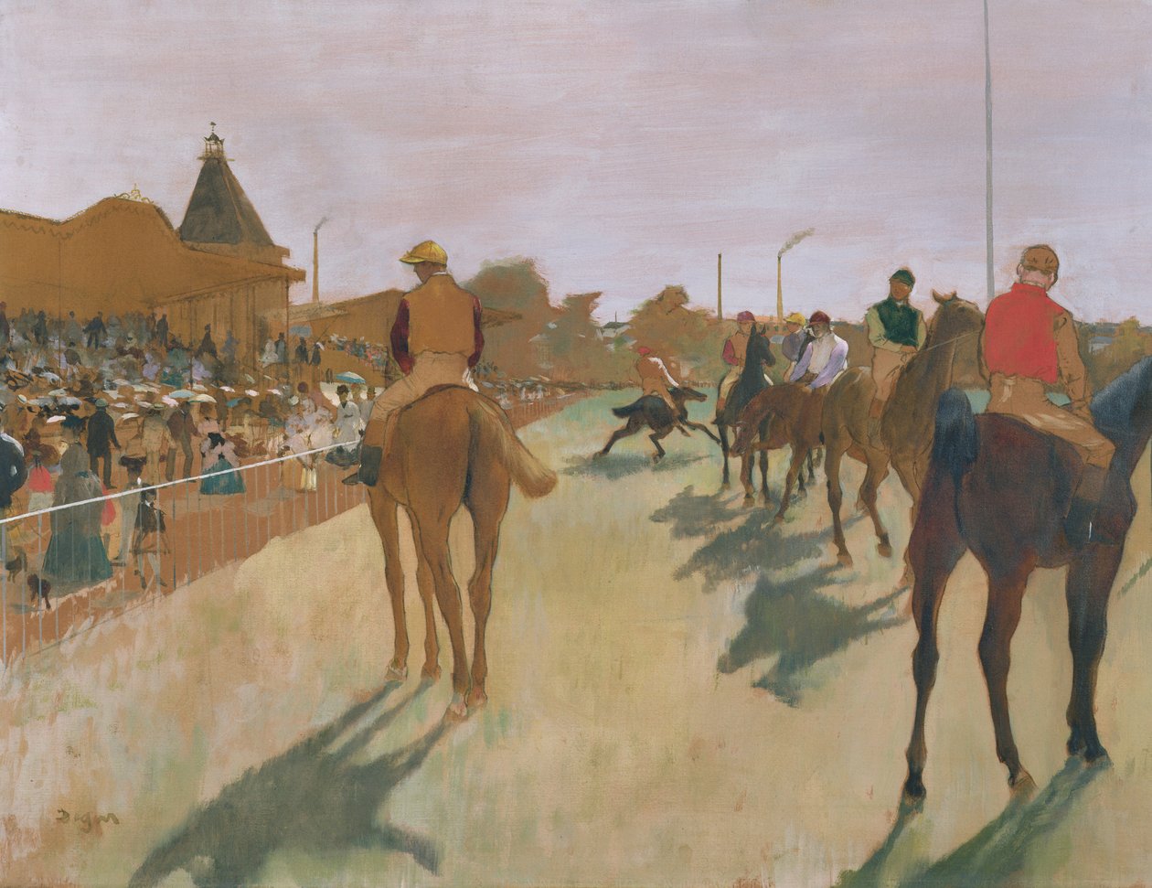 パレード、またはスタンドの前の競走馬、c.1866-68（紙に油彩）