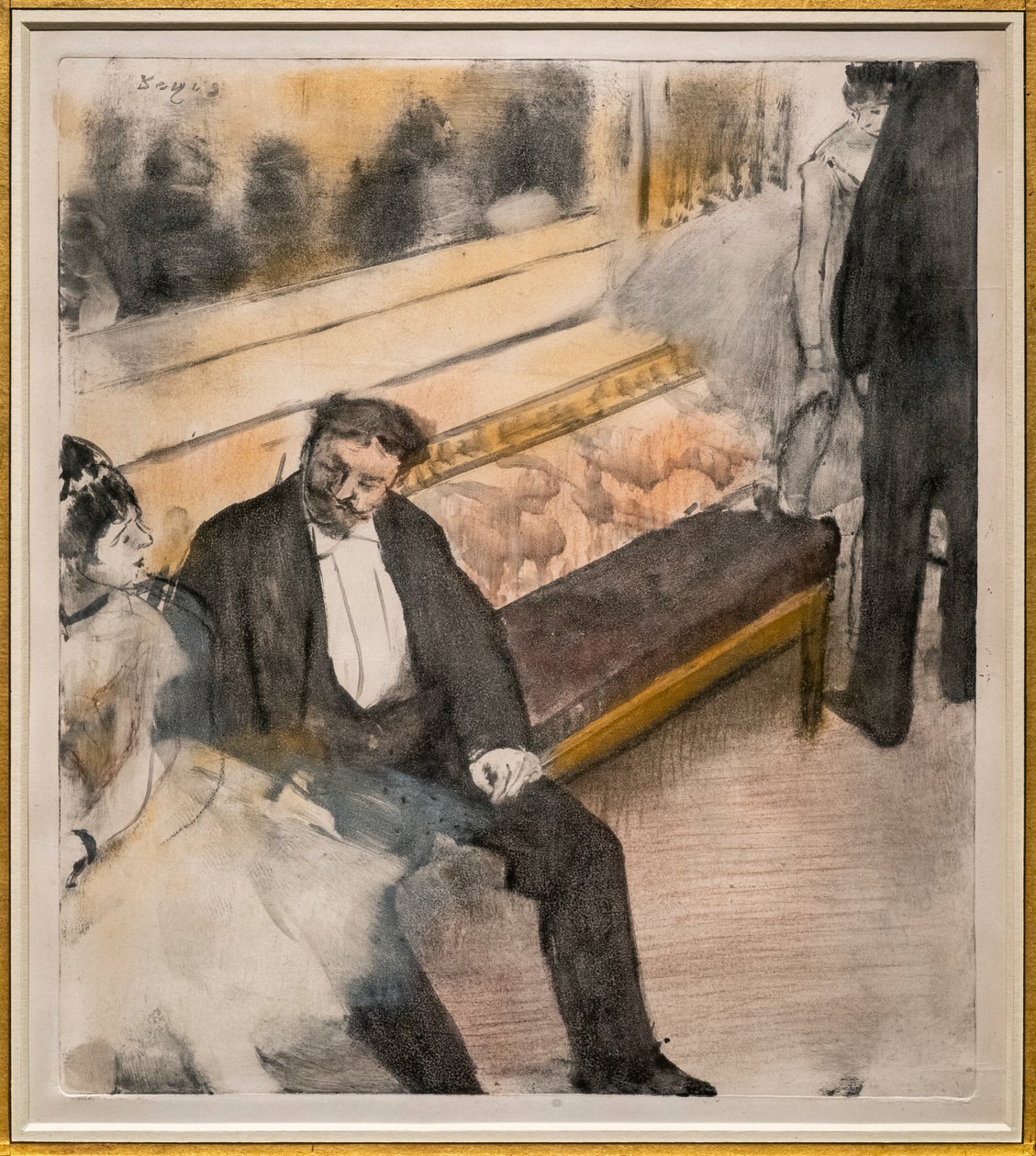 2人の男性と2人のダンサー。1876年から1877年頃。モノタイプにパステル。 作： エドガー・ドガ