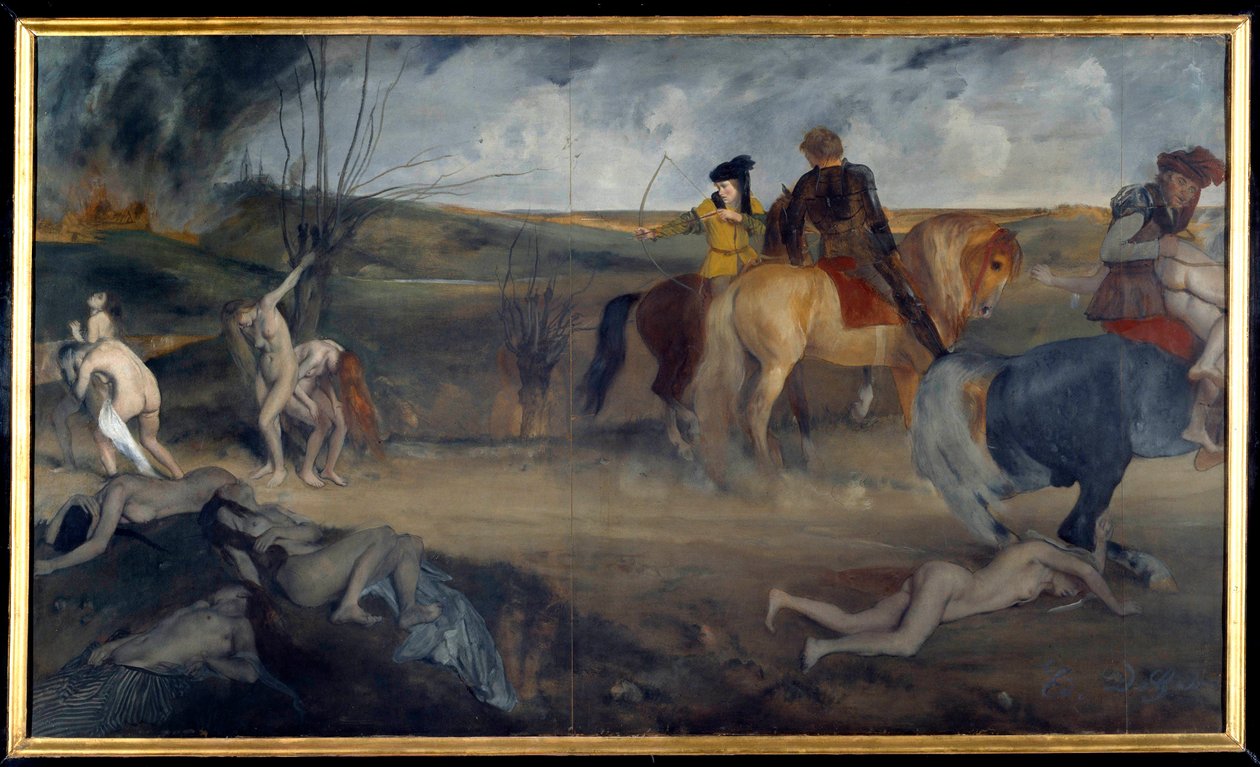 中世の戦争風景 エドガー・ドガ（1834-1917）の絵画 1861年 日。0.85x1.47 m パリ、オルセー美術館 作： エドガー・ドガ