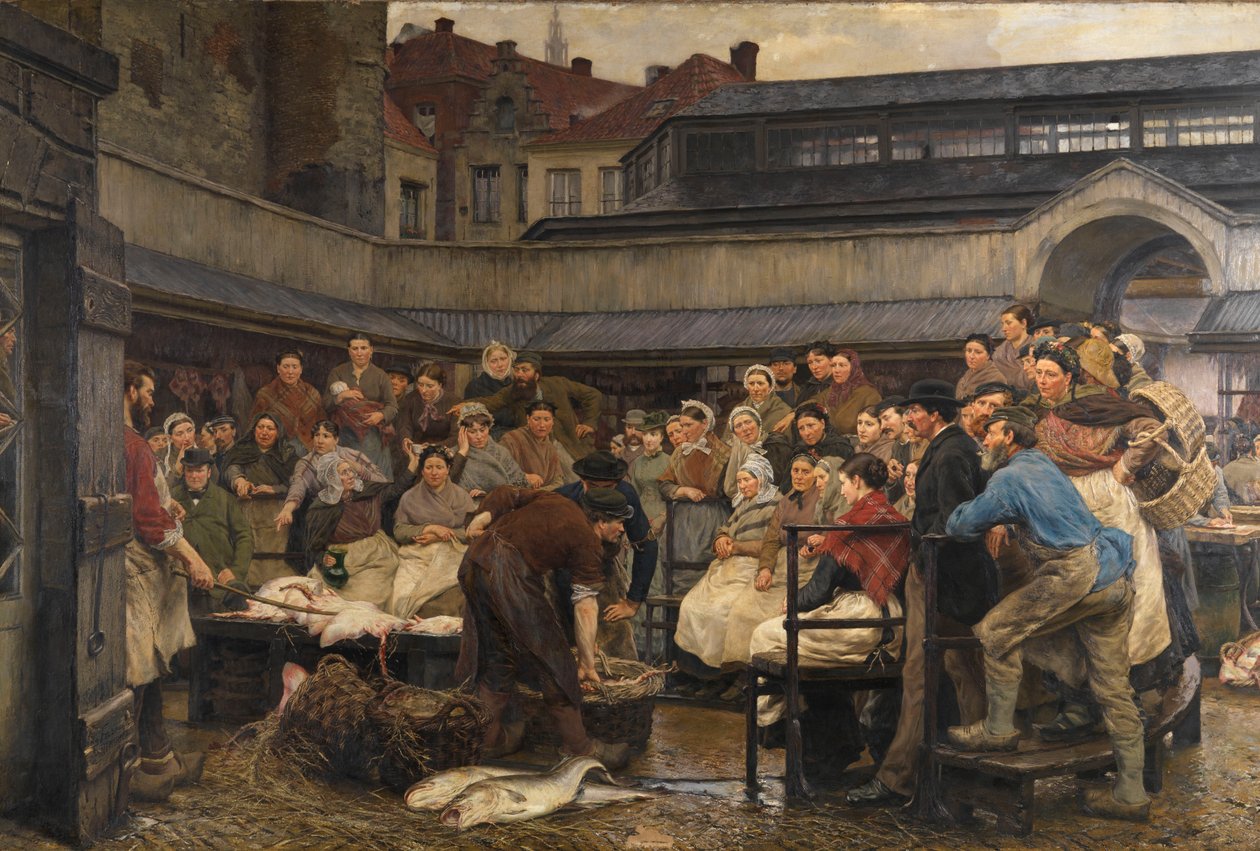 1882年のアントワープの古い魚市場（キャンバスに油彩） 作： エドガード・ファラシン