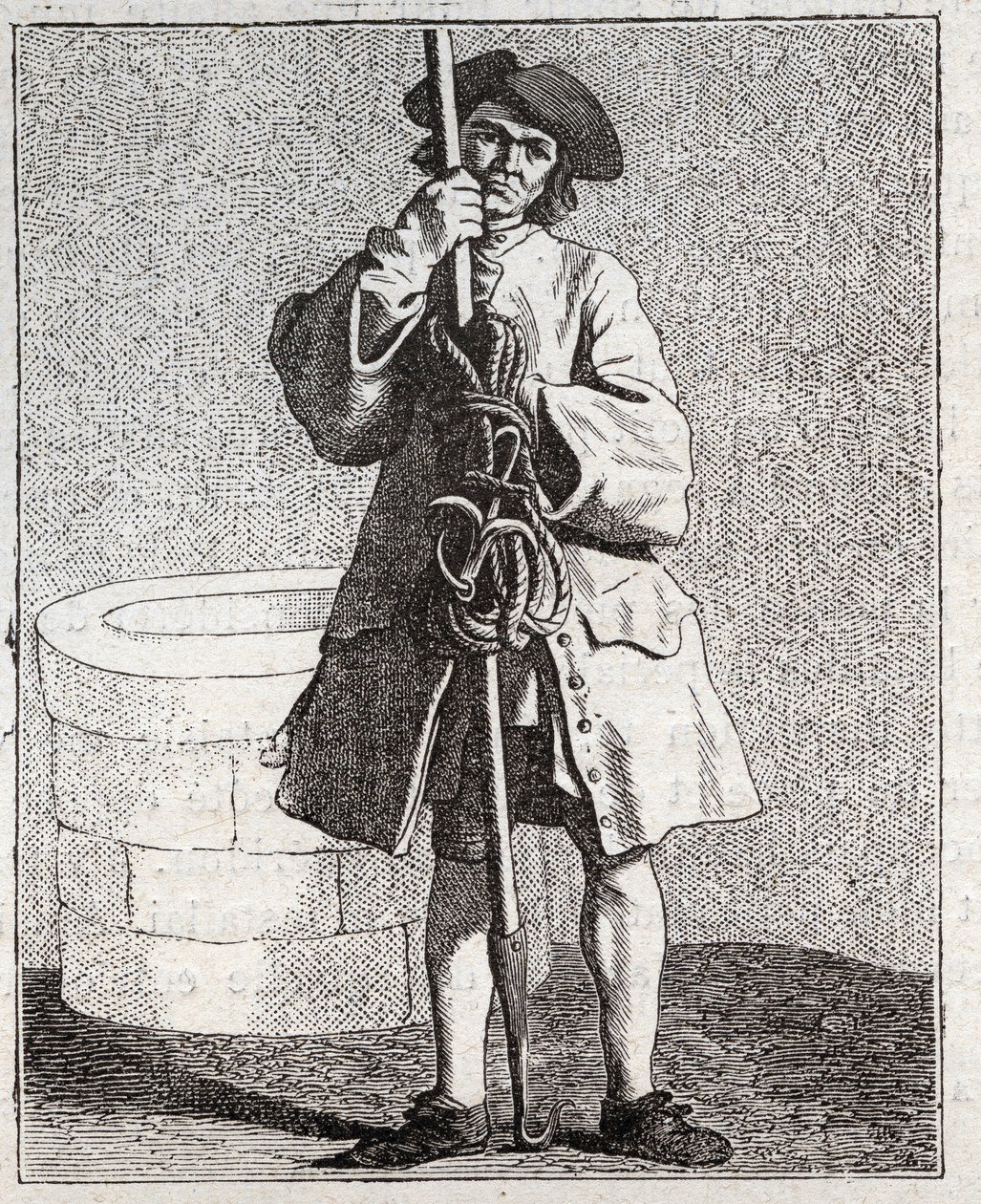 井戸の掃除人-Pepetit metier de Paris（低俗な人々、またはパリの叫びから取った研究）- Edme Bouchardon (1698-1762)のエングレービング 作： エドメ・ブシャルドン