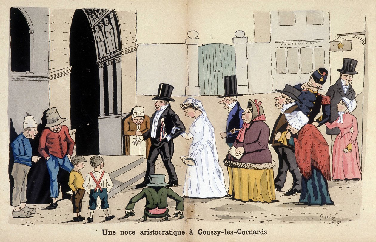 ラヴラートによるフランス社会を描いた漫画：クッシー・レ・コルナールでの貴族の結婚式。1880 作： エドモンド・ラブラテ