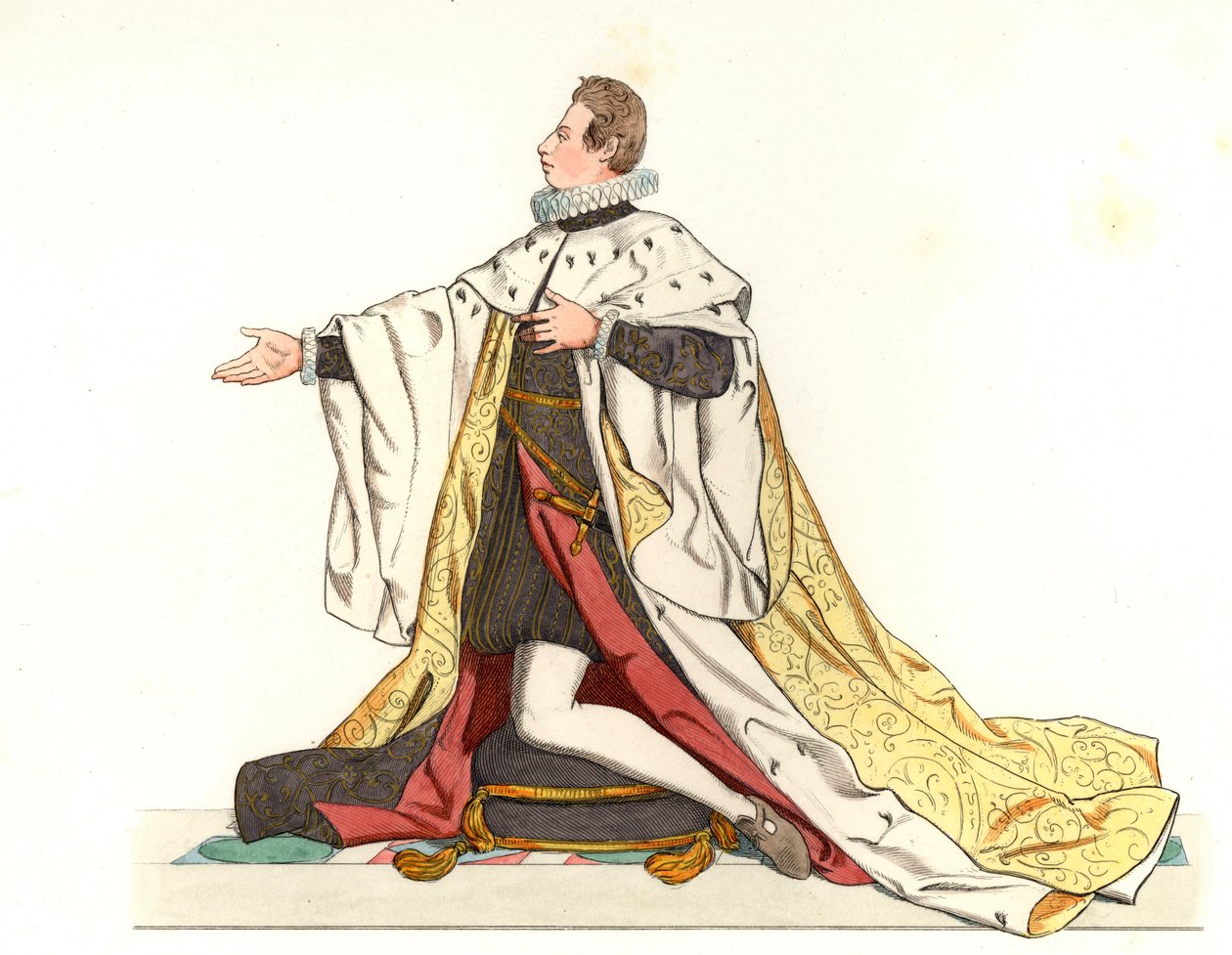 コスメ2世・ド・メディシス（1590-1621）、トスカーナ大公（イタリア） - Edmond Lechevallier-Chevignard（1825-1902）のイラストをもとにしたリトグラフ（「16世紀の歴史的衣装」より）。 作： EdmondLechevallier-Chevignard