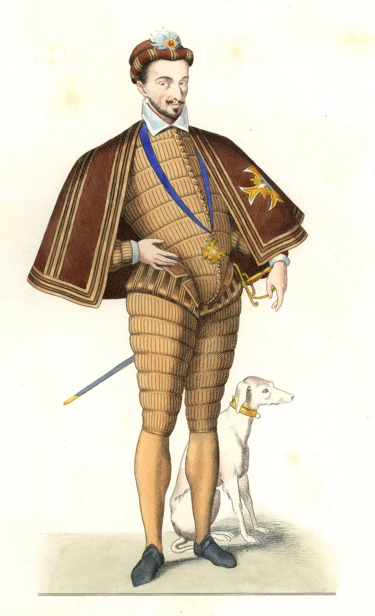 聖霊騎士団の首飾りをつけたフランス王アンリ3世（1551-1589） - Edmond Lechevallier-Chevignard（1825-1902）のイラストをもとにしたリトグラフ（「Costumes historiques des 16th」より）。 作： EdmondLechevallier-Chevignard
