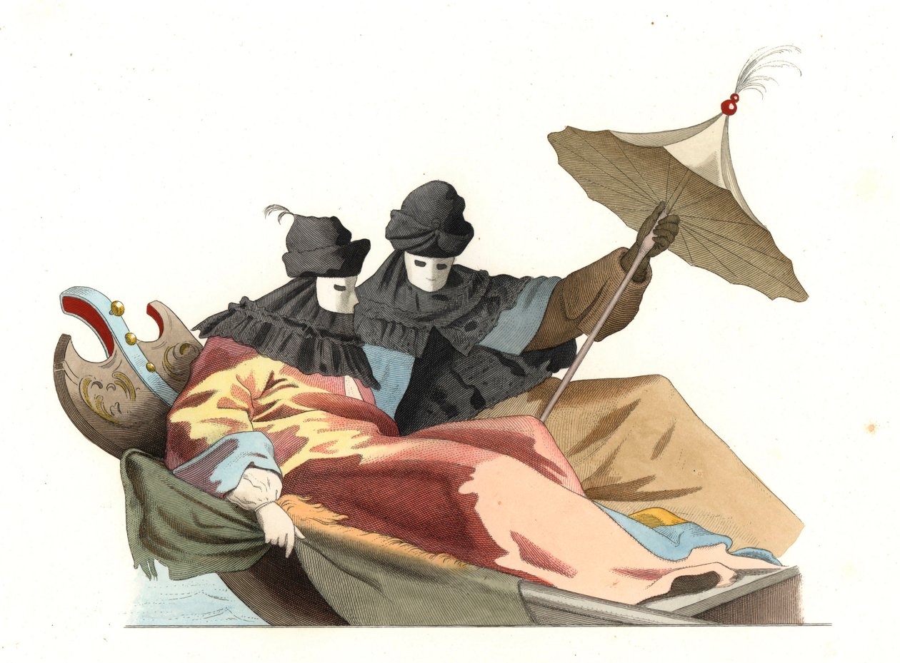 Venezianer mit Bauta-Maske, Italien 18. Jahrhundert, basierend auf einem Gemälde von Giovanni Antonio Canal dit Canaletto (1697-1768) - Lithographie basierend auf einer Illustration von Edmond Lechevallier-Chevignard (1825-1902), aus „Historische Kostüme d von Edmond Lechevallier-Chevignard