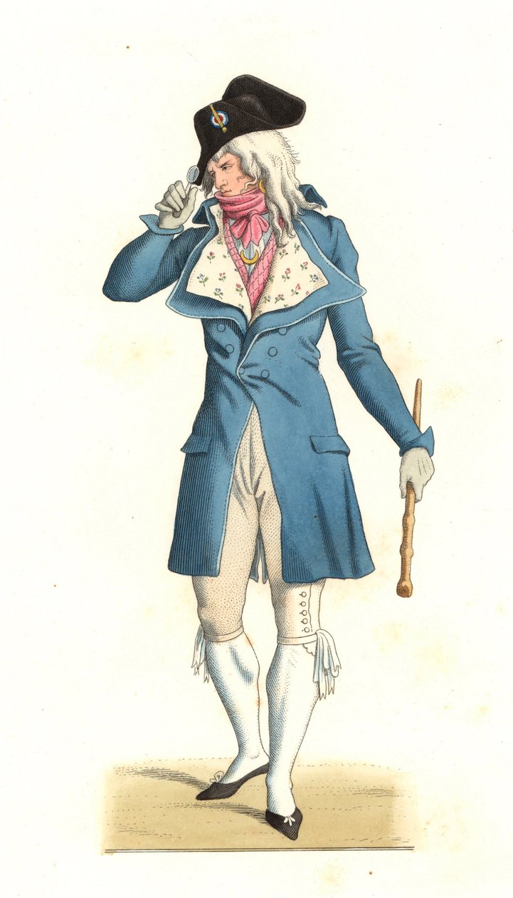 Carle Vernet（1758-1836）の絵画の後に描かれた、18世紀のインクレディブルのファッションで生まれた若いフランス人男性 - Edmond Lechevallier-Chevignard（1825-1902）によるイラストからのリトグラフ、「Costumes historiques des 16e」より。 作： EdmondLechevallier-Chevignard